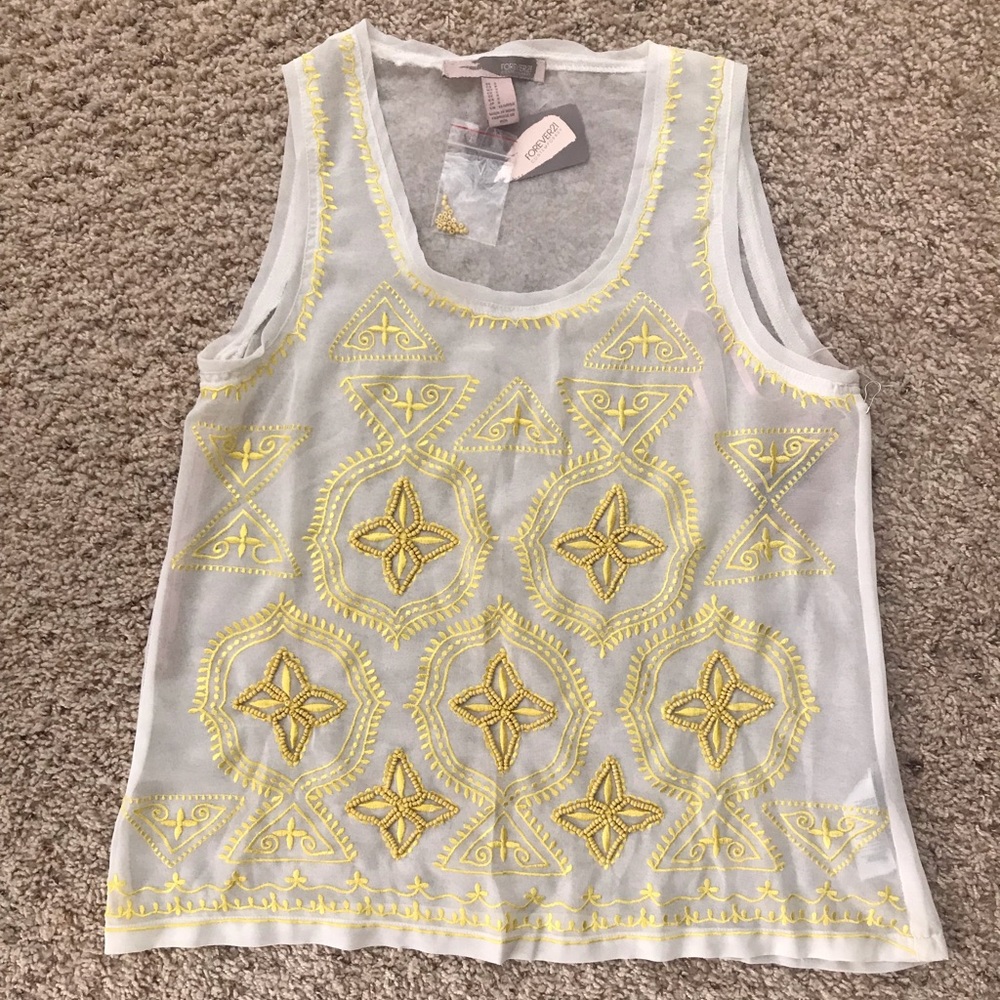Forever21 White/yellow Beaded Tank NWT